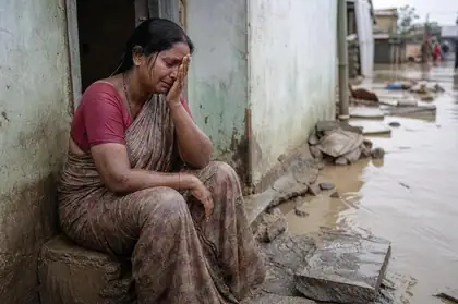 A woman weeping after the flood