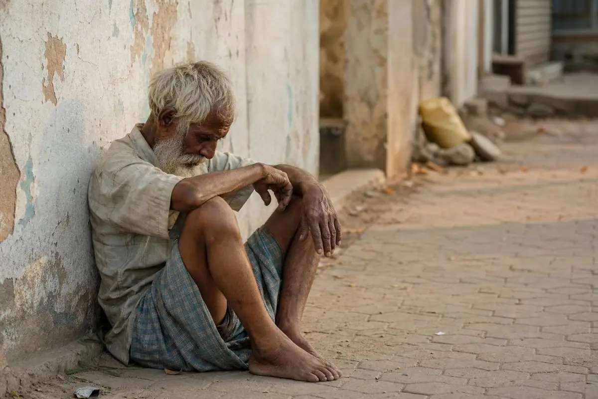 An old man on the pavement, waiting for the day to be kinder